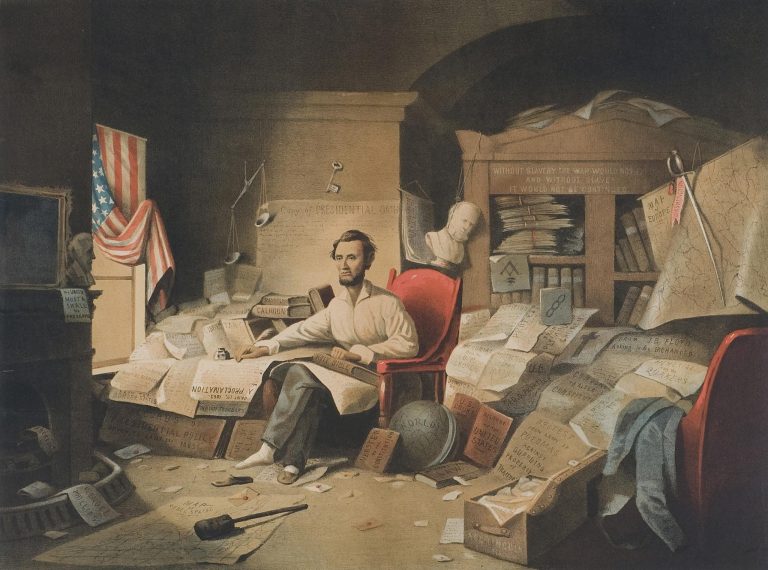 Adolphus Forbriger & Co. chromolithograph after David Gilmore Blythe, President Lincoln Writing the Proclamation of Freedom, January 1, 1863 71.2009.081.0206