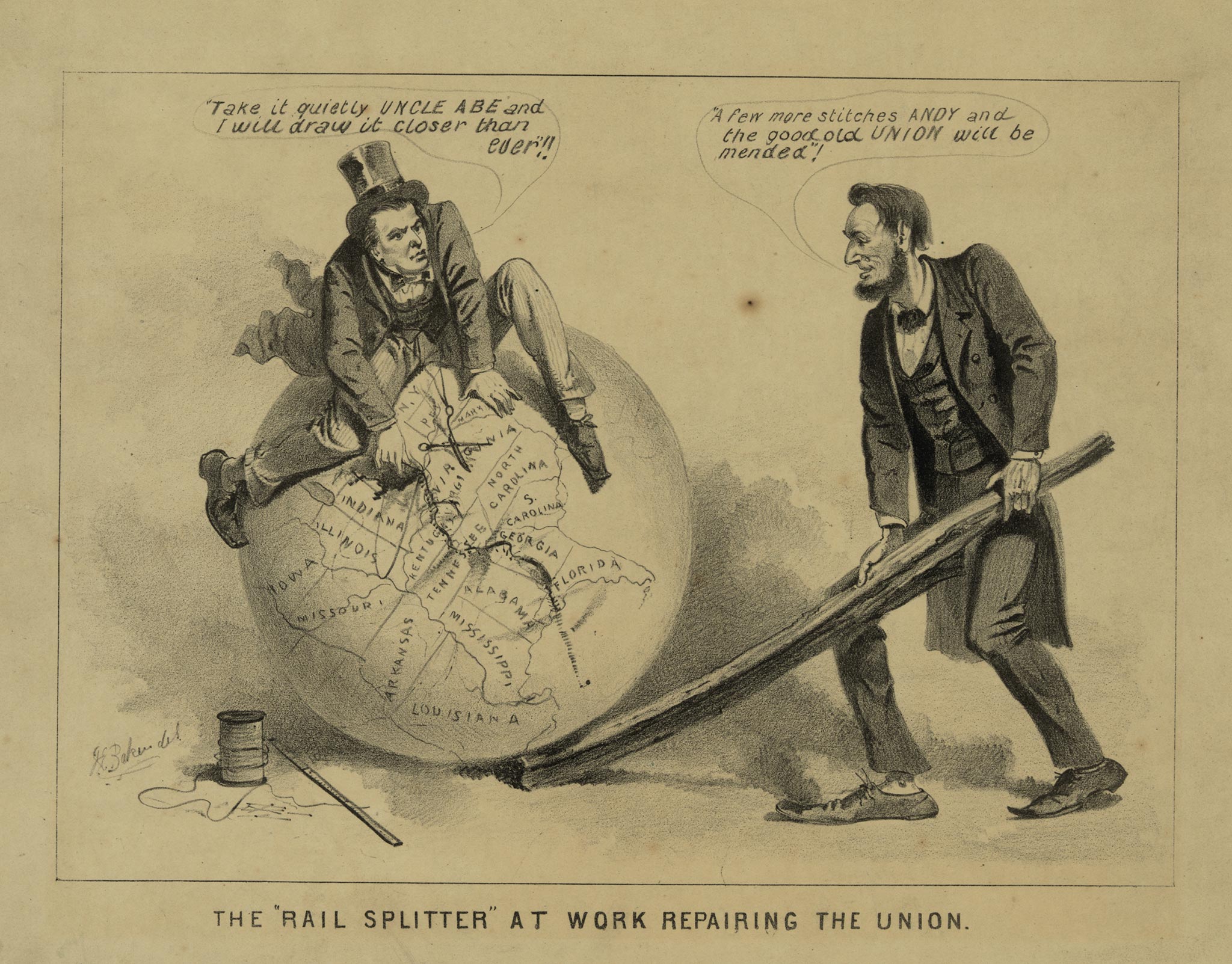 Joseph E. Baker, “The ‘Rail Splitter’ at Work Repairing the Union,” 1865. Library of Congress. Lincoln and Johnson—presidential reconstruction