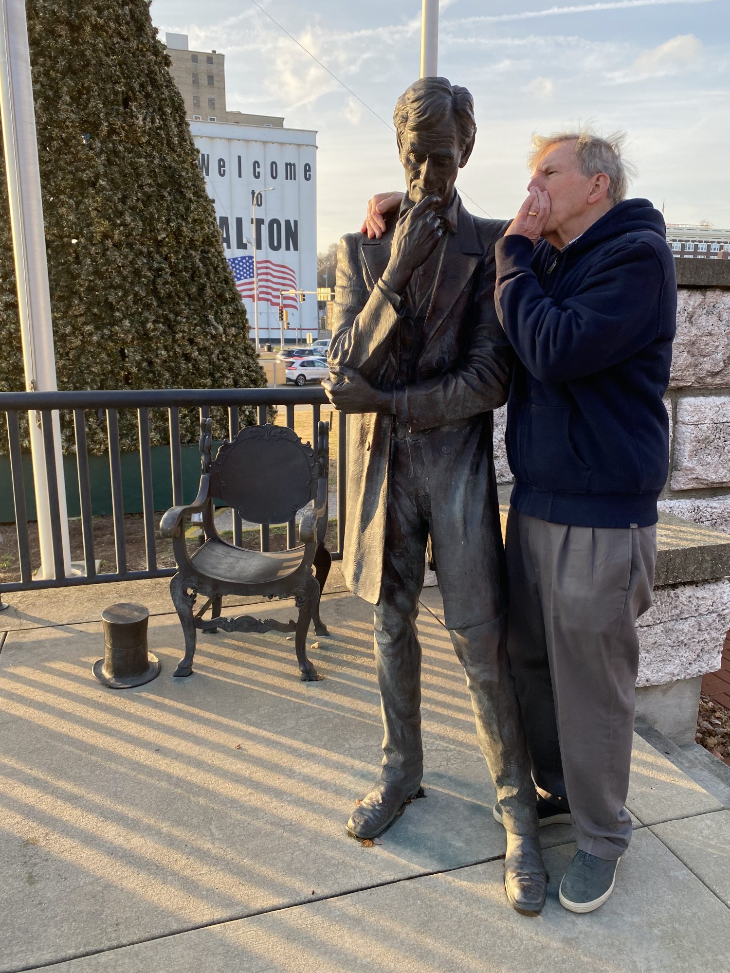 Photograph of Jan Jacobi at the spot of the final Lincoln-Douglas Debate in Alton, Illinois.