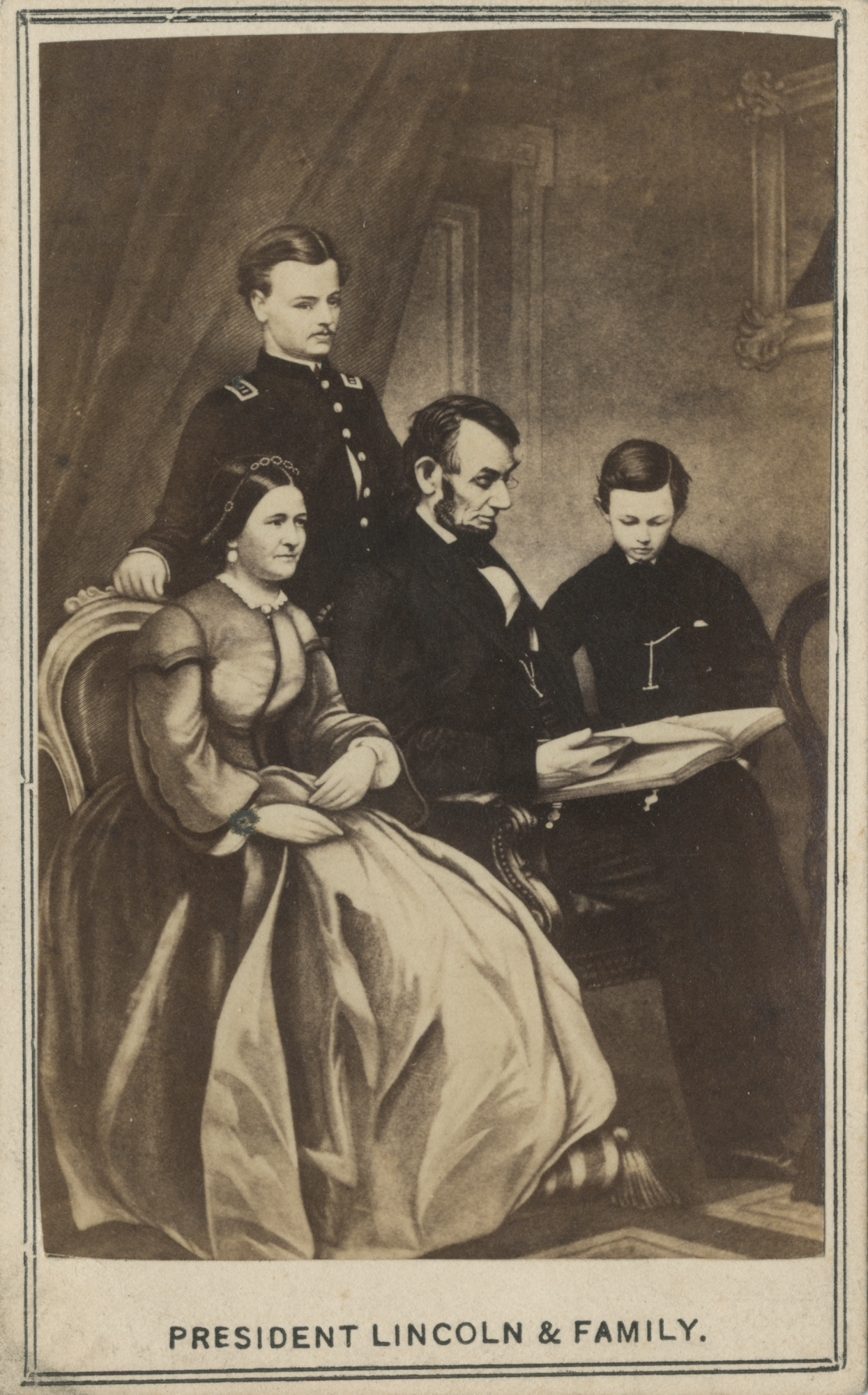 Composite image of the Lincoln family with Robert Todd Lincoln in uniform. 