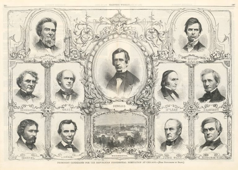 Illustrated Harper’s Weekly spread showing portraits of prominent Republican presidential contenders in 1860, including Abraham Lincoln, William Seward, Salmon Chase, and others, arranged around a view of Washington, D.C.