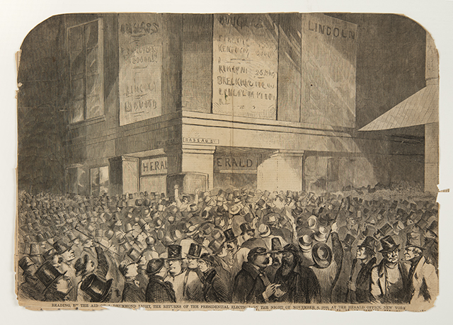 Engraving of a large nighttime crowd gathered outside the New York Herald office as presidential election returns are posted on the building.