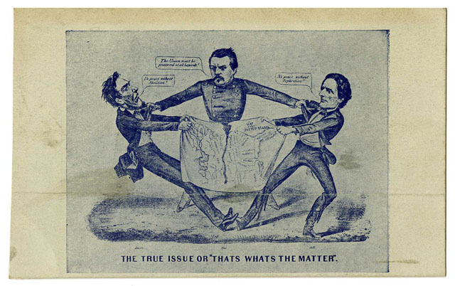 Political cartoon showing three men struggling over a map of the United States, with one man in the center pulling the other two apart.
