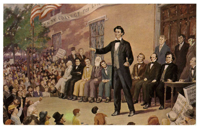 Illustration of Abraham Lincoln speaking to a large crowd during the 1858 Lincoln-Douglas debate in Galesburg, Illinois, with Stephen Douglas seated behind him on the platform.