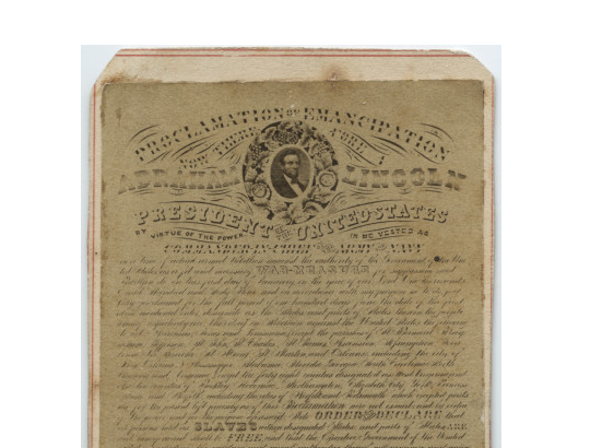 Historic printed copy of the Emancipation Proclamation featuring a portrait of Abraham Lincoln near the top and decorative text surrounding the document.