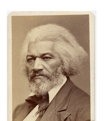 Sepia-toned portrait photograph of Frederick Douglass with white hair and a full beard, wearing a dark suit and bow tie.